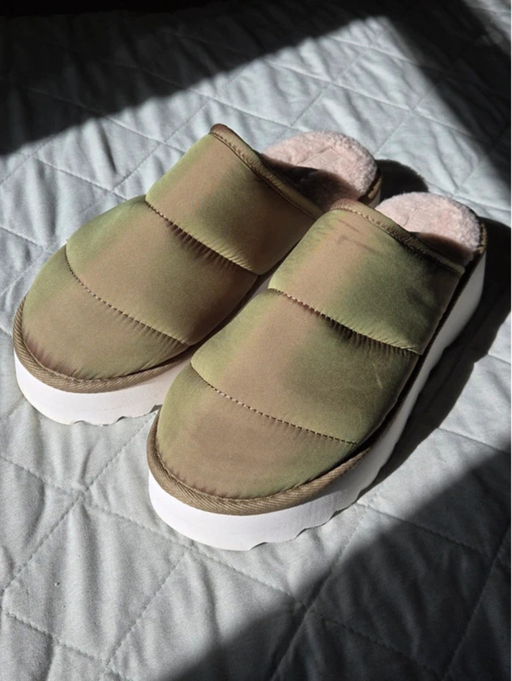 Maeve Iridescent olive green Quilted puffer slide on slipper